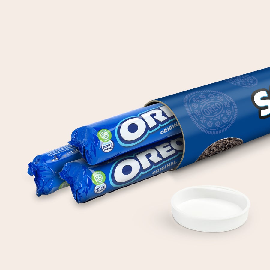Personalised XXL Oreo Gift Tube Personalized Mega Oreo Gift Tube filled with multiple blue Oreo cookie packages, customized with your own design.