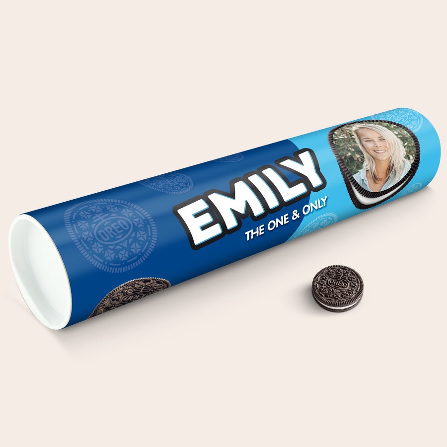 Personalised XXL Oreo Gift Tube Blue Mega Oreo Gift Tube printed with the name Emily and a photo of a woman, with an Oreo cookie beside it.
