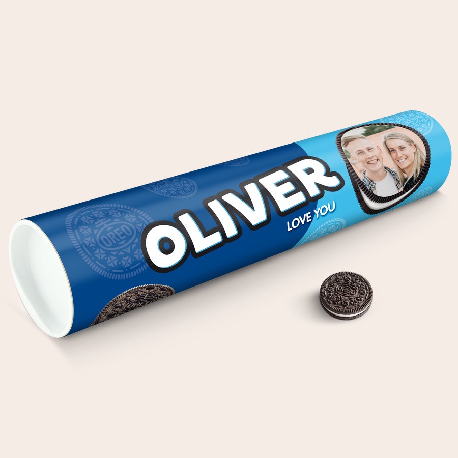 Personalised XXL Oreo Gift Tube Personalized Mega Oreo Gift Tube printed with a photo and the name Oliver, a special surprise for cookie connoisseurs.