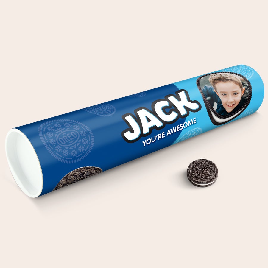 Personalized Mega Oreo Gift Tube with a boy's photo, the name Jack, and "You're Awesome" printed on it.