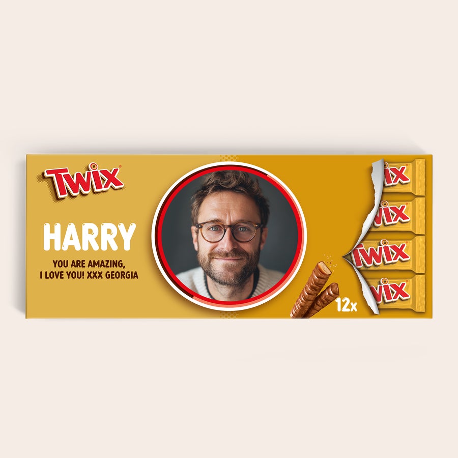 Personalised XXL Twix chocolate bar Personalised XXL Twix chocolate bar with photo and custom text Harry You Are Amazing I Love You XXX Georgia printed on the packaging
