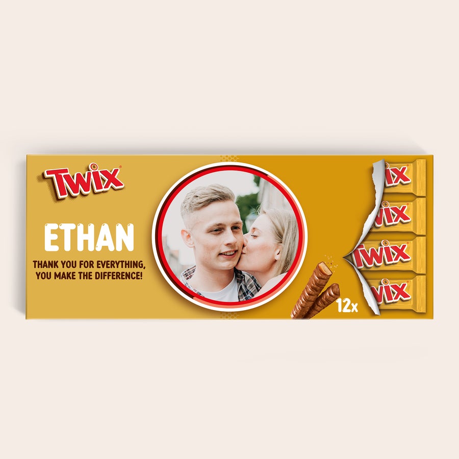 Personalised XXL Twix chocolate bar Personalised XXL Twix chocolate bar, printed with Ethan's name, a custom photo of a couple, and a thank you message