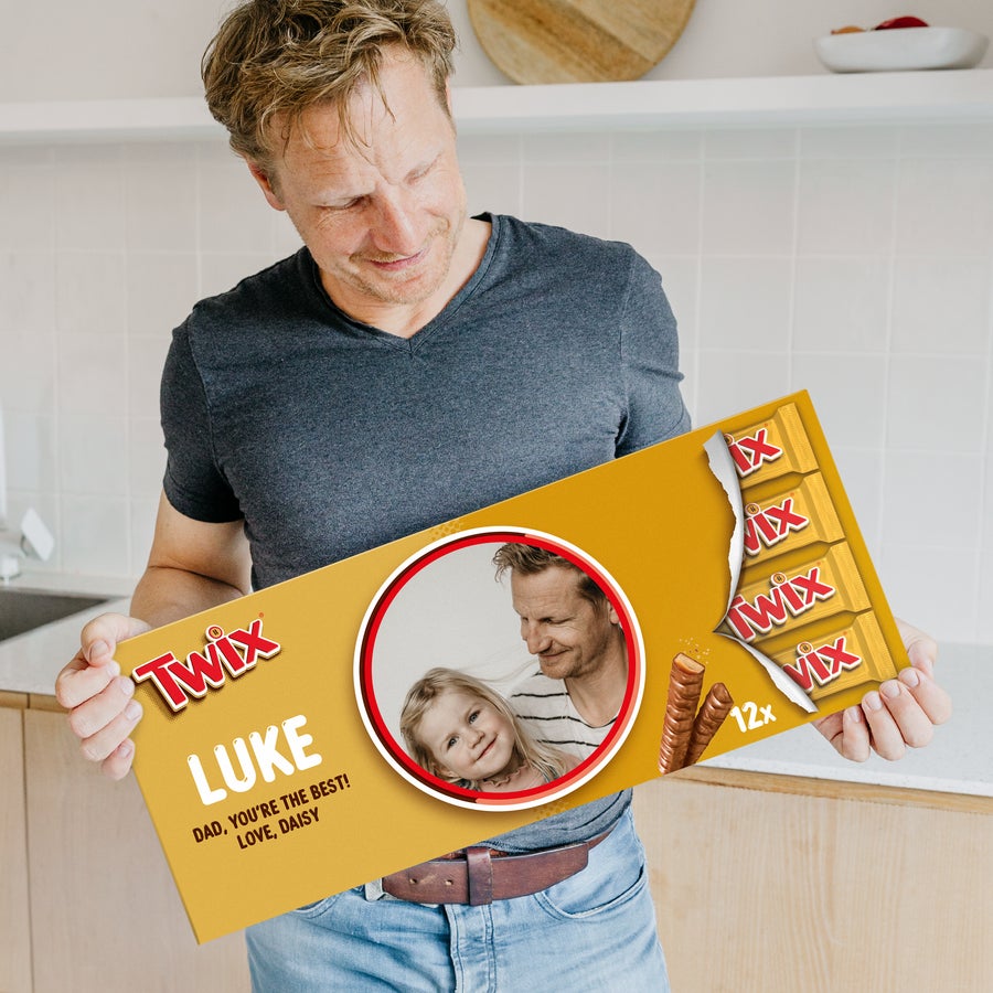 Personalised XXL Twix chocolate bar with a photo of a man and a child and custom text 