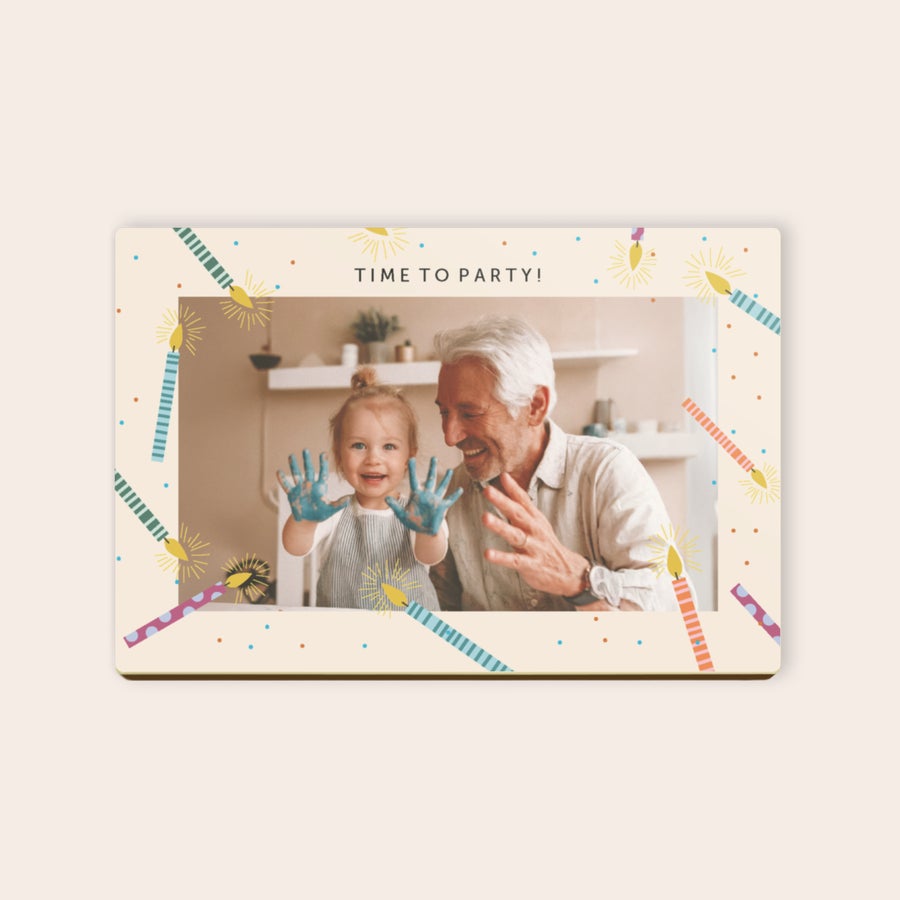 Chocolate card with a personalized photo of a child and adult, printed with "TIME TO PARTY" and colorful confetti and candles for a delicious surprise.