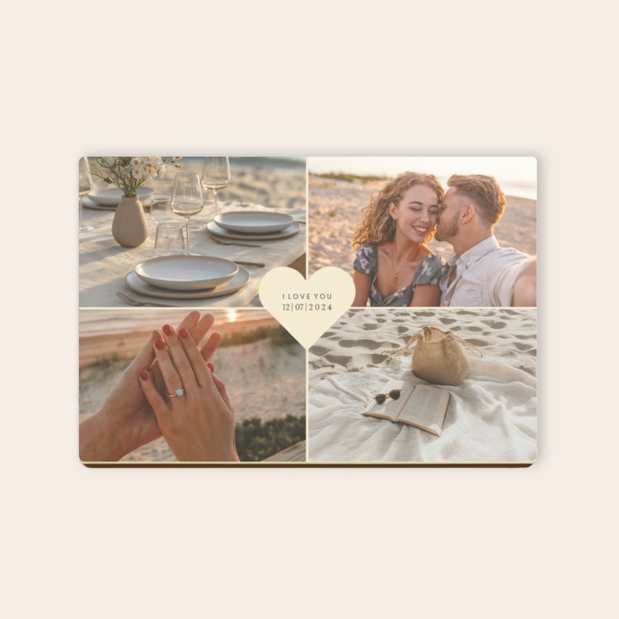 Custom photo on chocolate with four romantic images and I love you 12 07 2024 printed in a heart