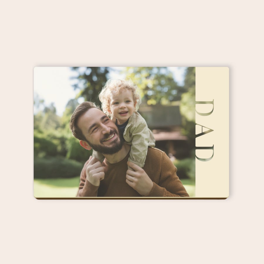 Personalized chocolate card with a photo of a dad and child and text "DAD", a unique photo on chocolate