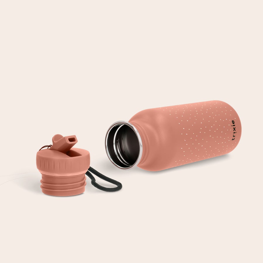 Trixie bottle animals Personalized pink Trixie animal water bottle with white dots, open, with the lid and a name engraved