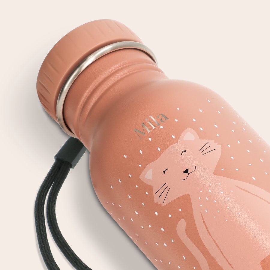 Pink Trixie animal water bottle with a cat design and the name Mila laser engraved