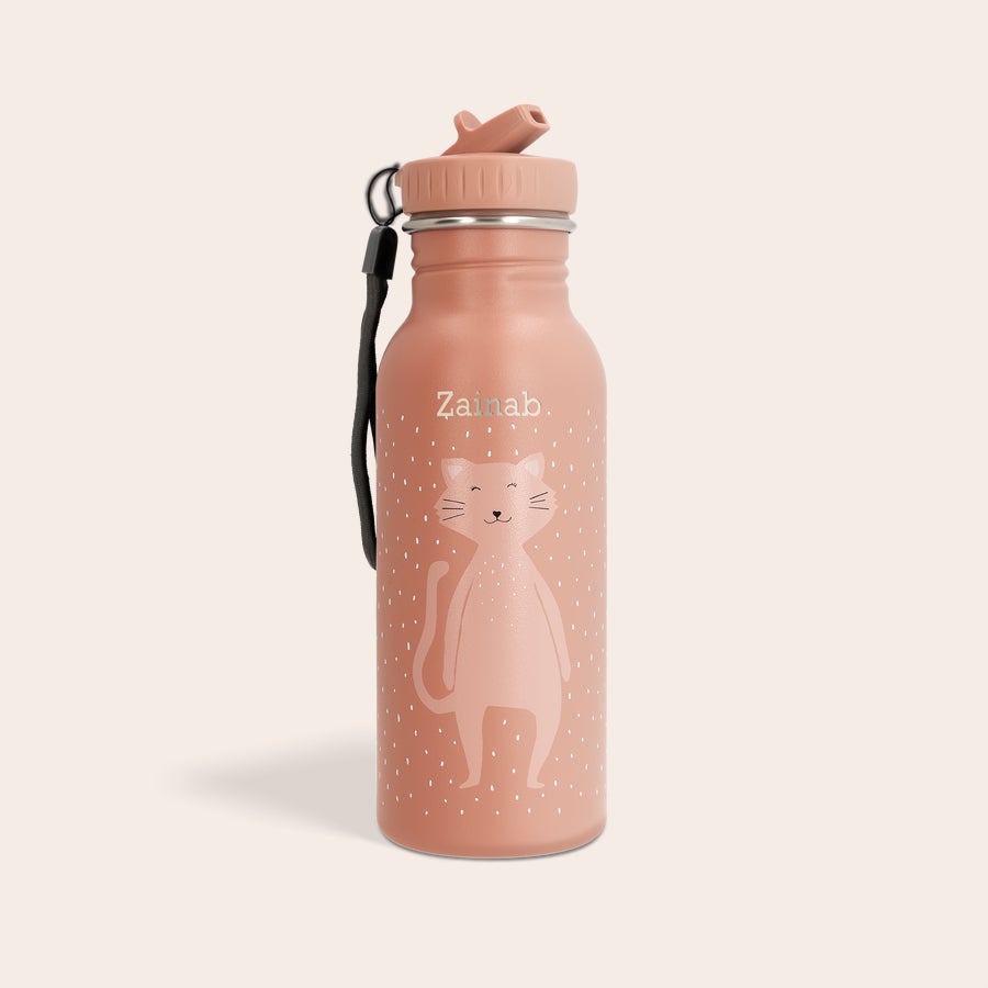 Pink Trixie animal water bottle with a cute cat design and Zainab engraved above it, a personalised Trixie animal water bottle