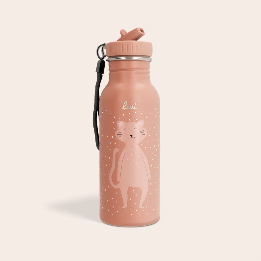 Pink Trixie animal water bottle with a cat design and the name Levi engraved